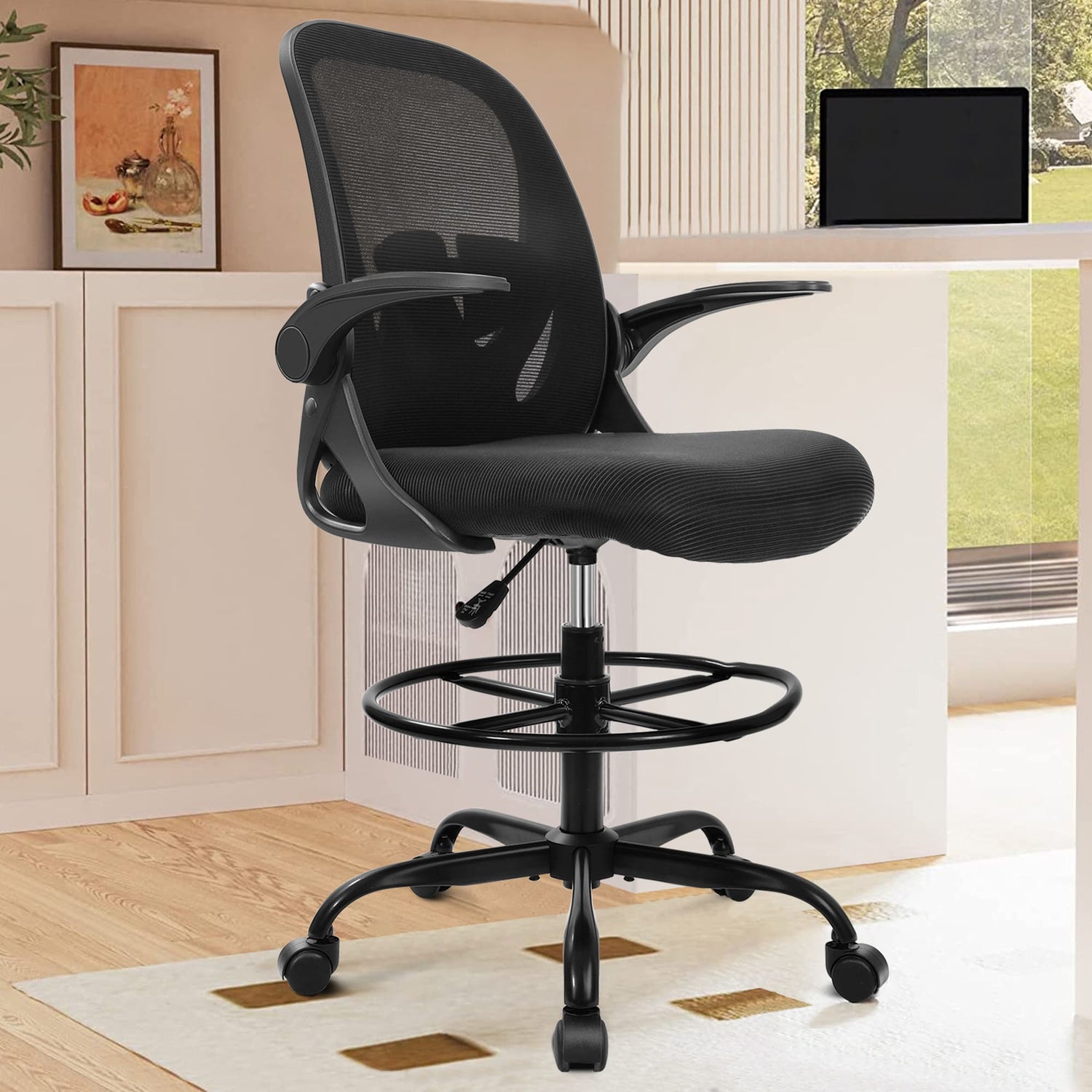 Ergonomischer Zeichenstuhl mit verstellbarem Fußring und hochklappbaren Armlehnen 934Z