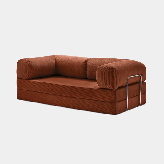 Primyhome brown corduroy convertible sofa bed with metal side frame, modern floor lounge seating for small spaces.