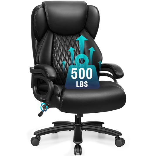 500lbs Big and Tall Office Chair, Heavy Duty Executive Desk Chair with Adjustable Lumbar Support and Extra Wide Seat, Comfy Padded Cushion, Ergonomic PU Leather Home Computer Chair