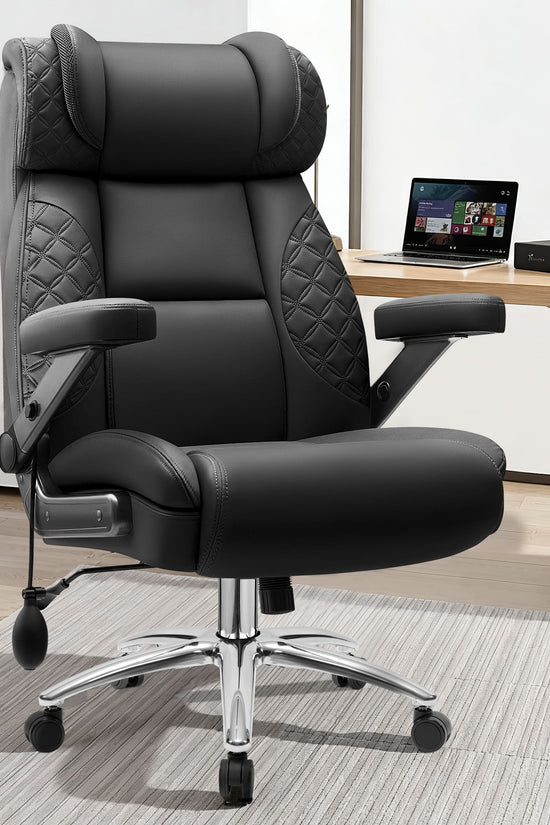 Big and Tall Leather Executive Office Chair with Built-In Airbag Lumbar Support and 360° Adjustable Armrests