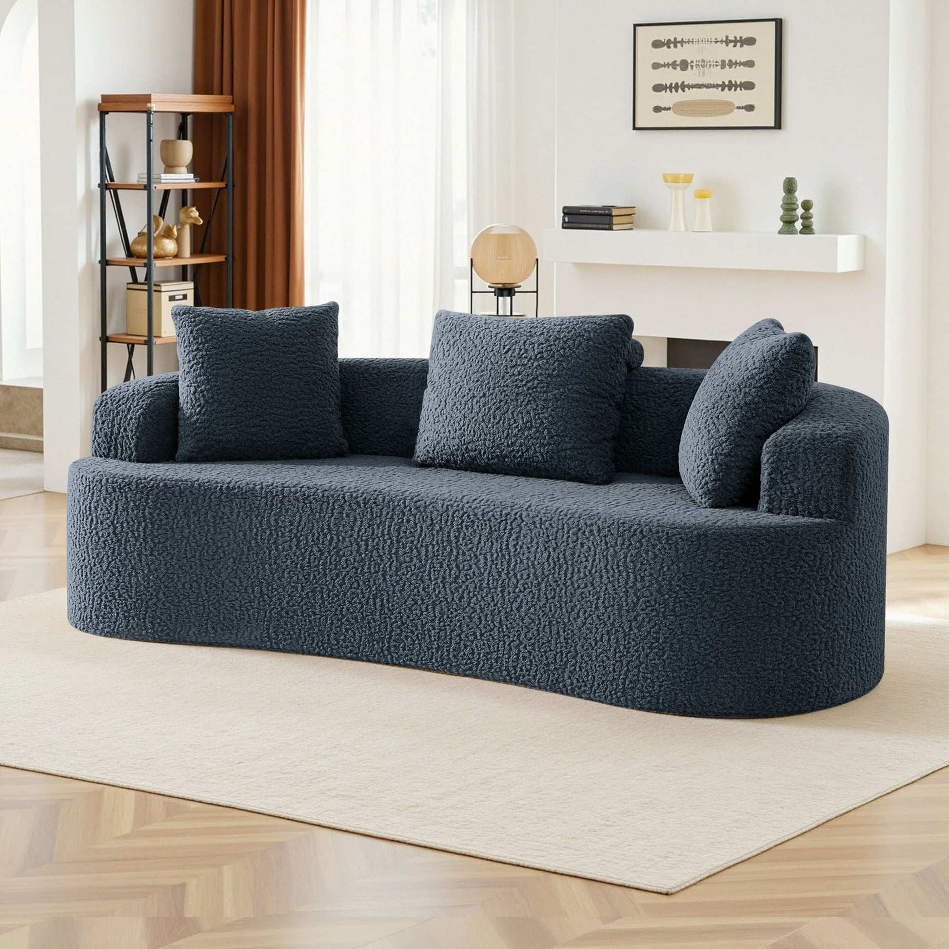 3-Seater Plush Floor Sofa with Cushions & Curved Back