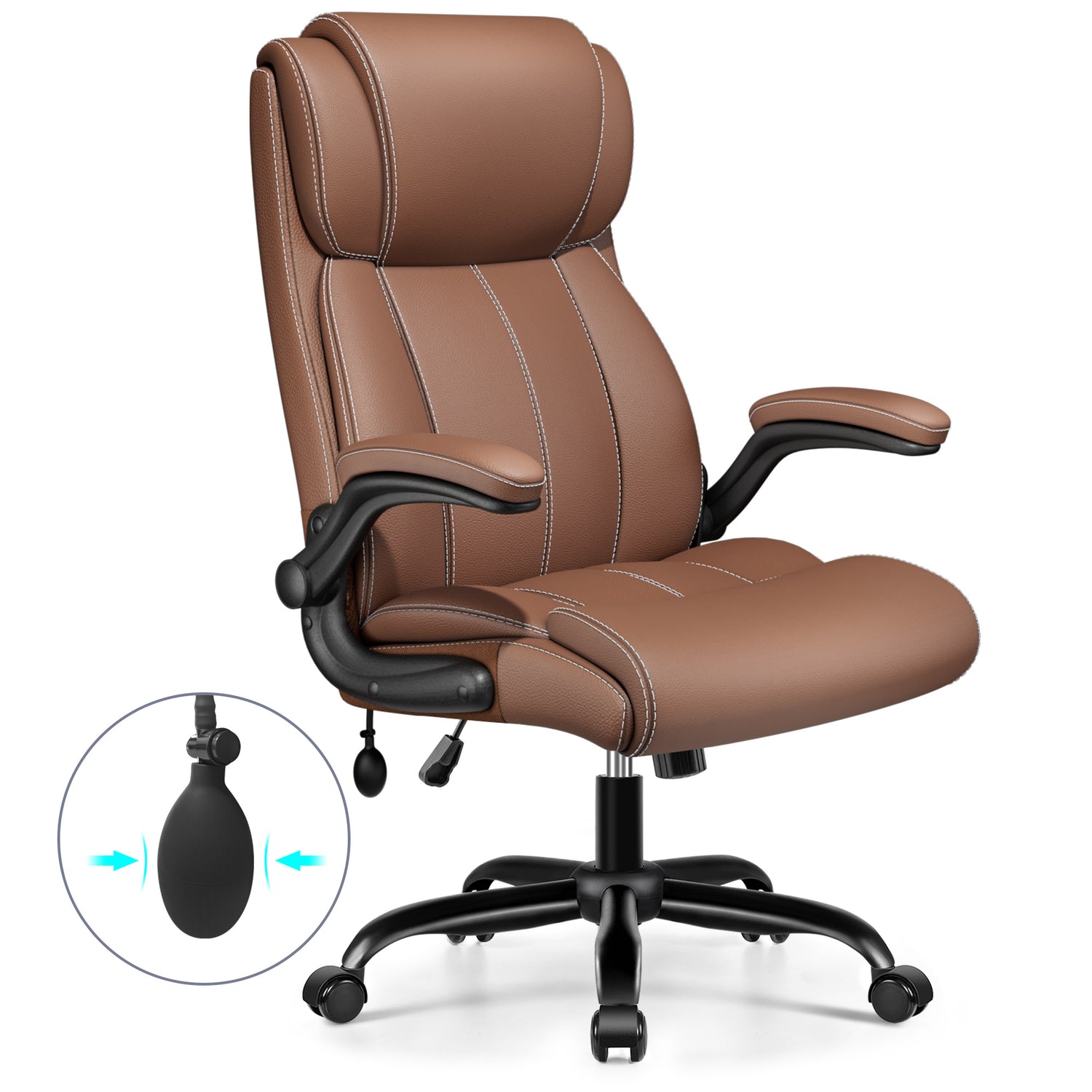 Primy Ergonomic Office Chair with Adjustable Air Lumbar, Home Desk Computer Chair, Leather High-Back Executive Chairs with Flip-Up Arms, Rocking Swivel Comfort