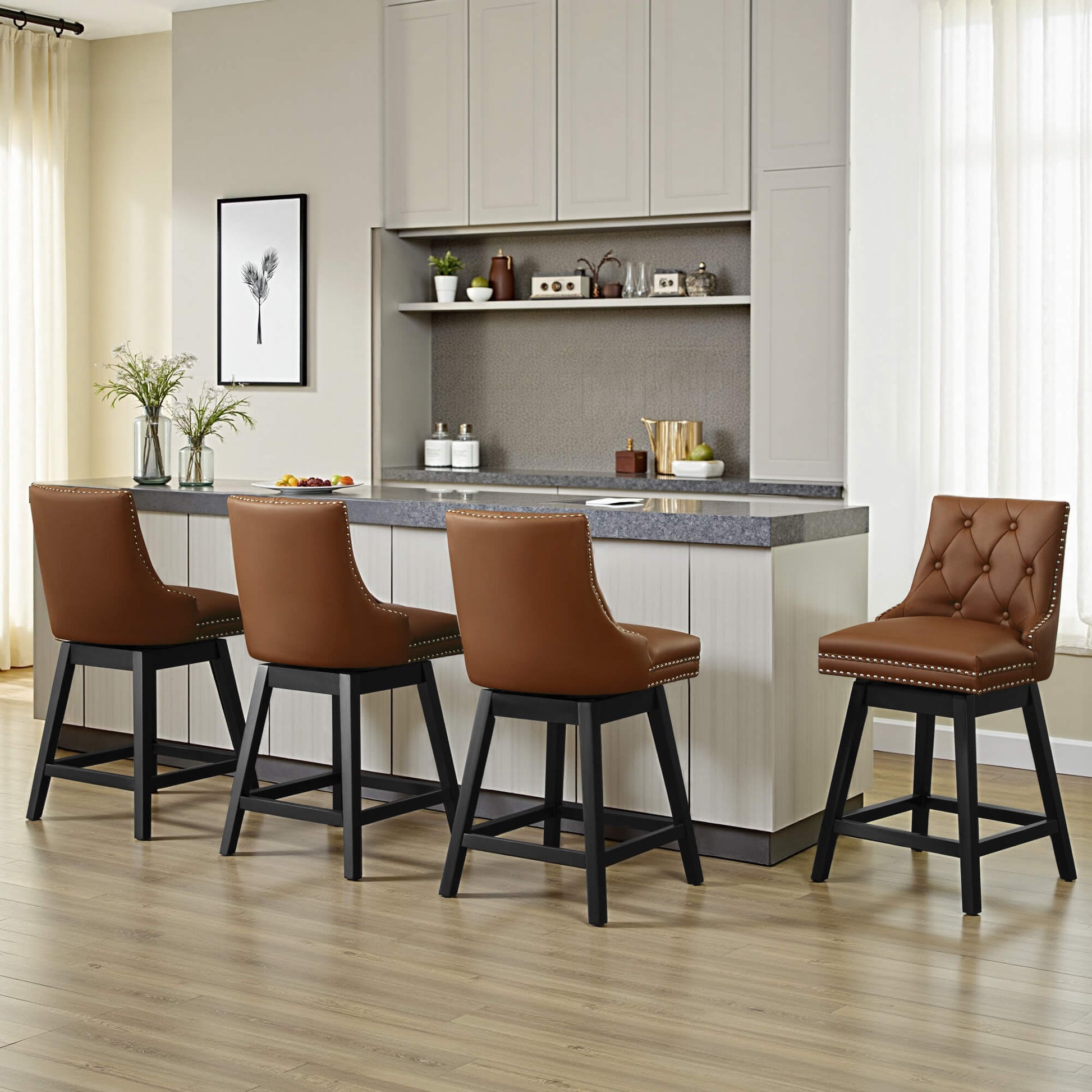 Swivel Bar Stools with Backs and Solid Wood Legs Set of 2