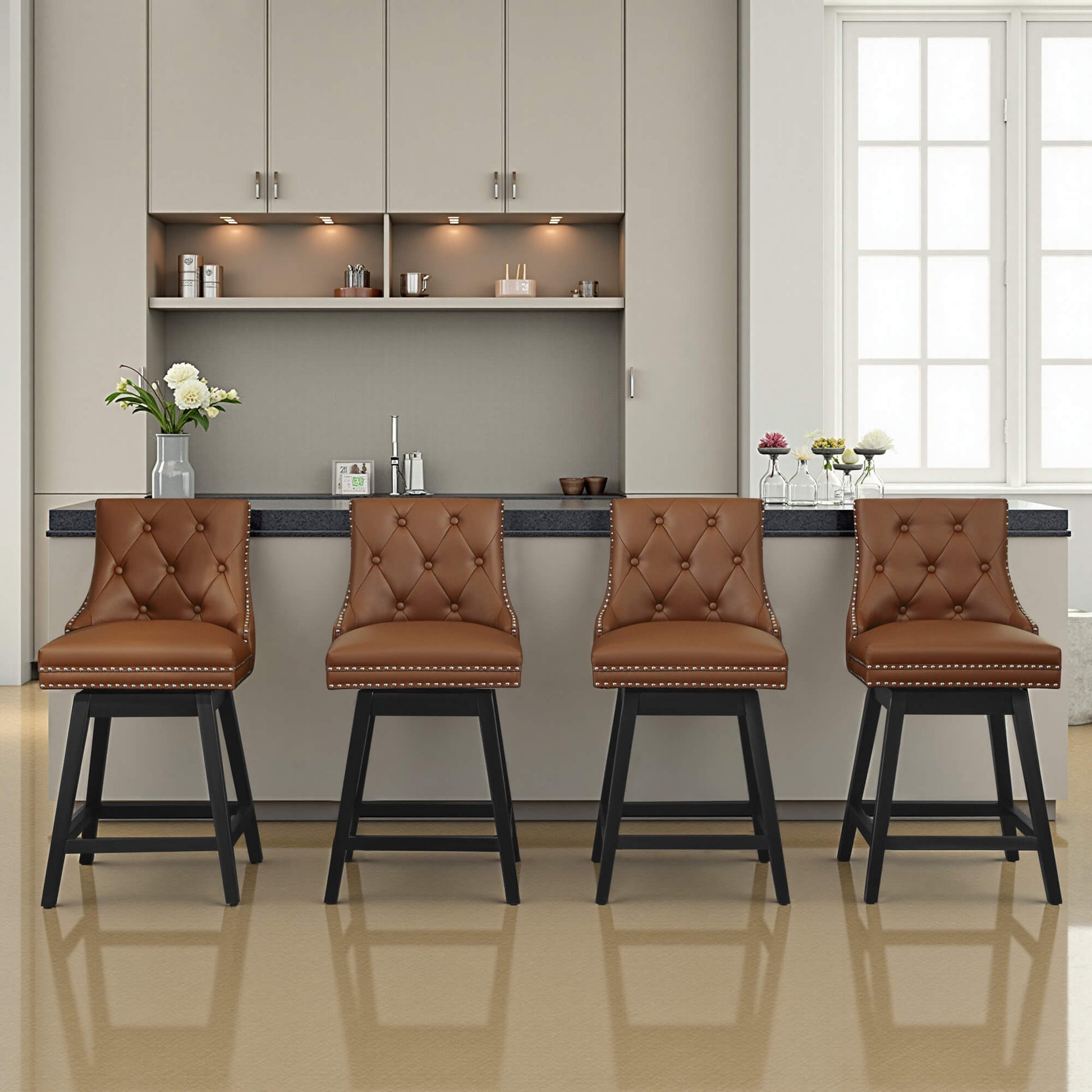 Swivel Bar Stools with Backs and Solid Wood Legs Set of 2