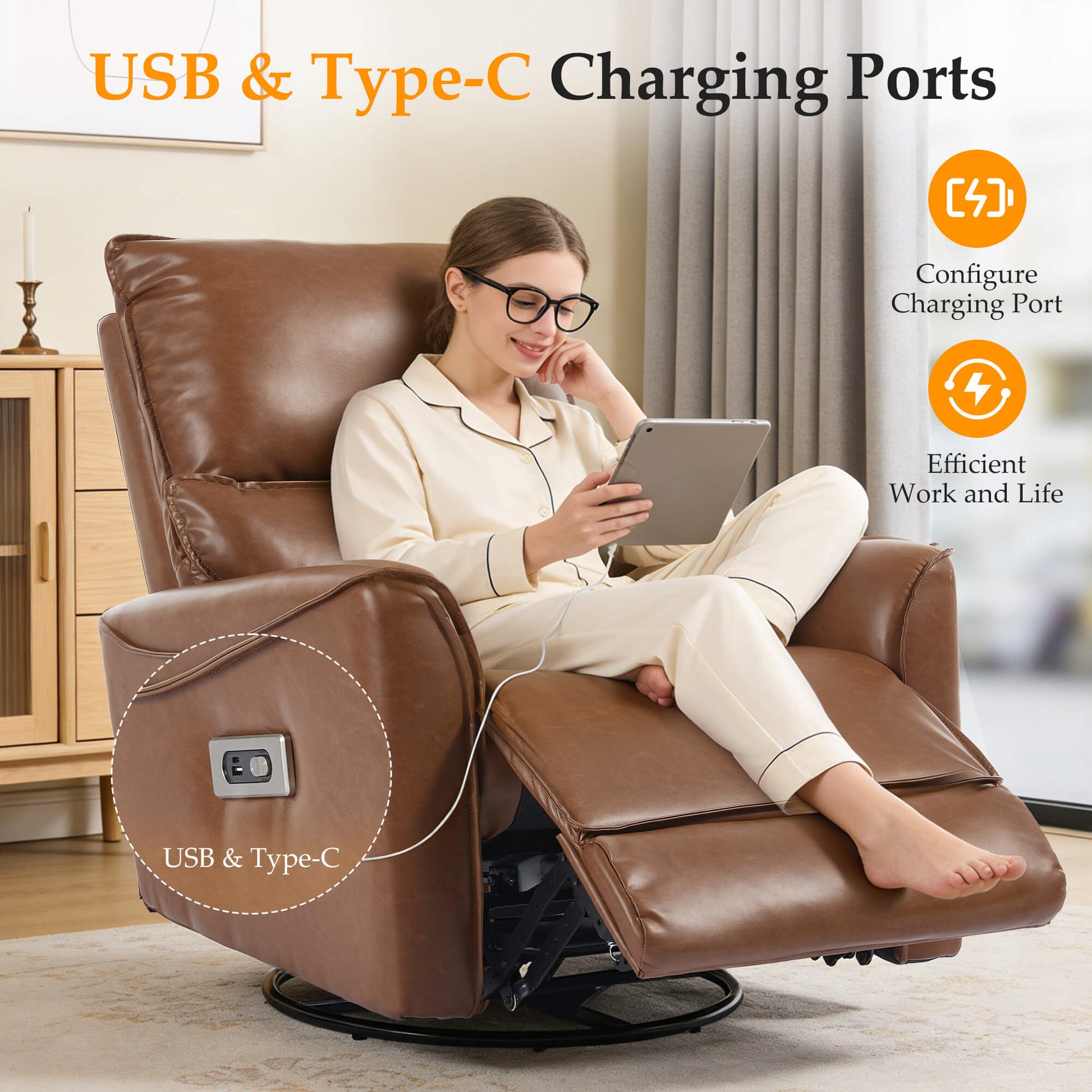 Modern Leather Power Swivel Rocker Recliner Chair
