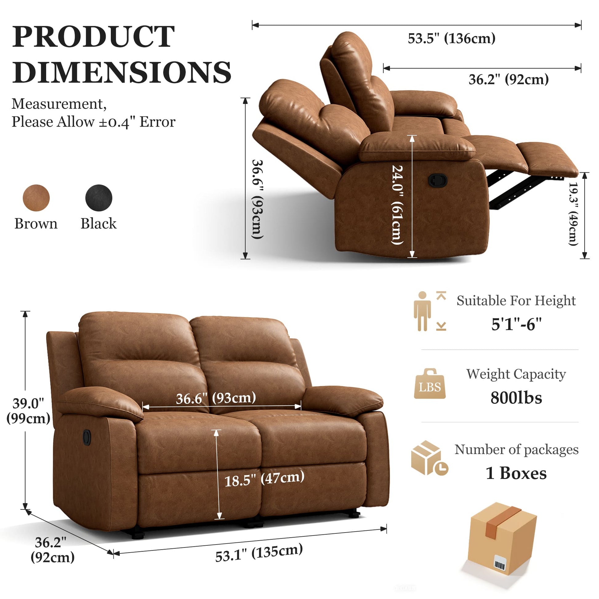 Leather Manual Recliner Sofa with Smooth Recline and Footrest