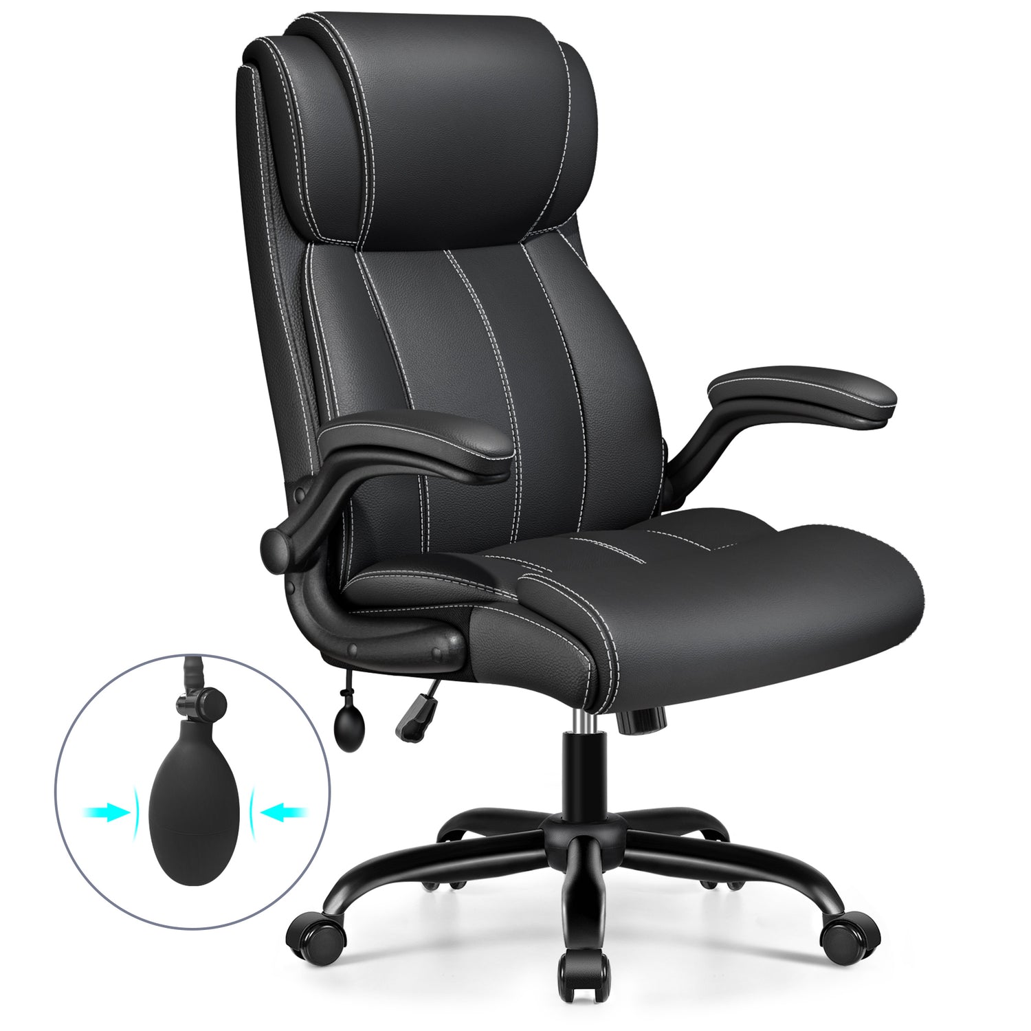 Primy Ergonomic Office Chair with Adjustable Air Lumbar, Home Desk Computer Chair, Leather High-Back Executive Chairs with Flip-Up Arms, Rocking Swivel Comfort
