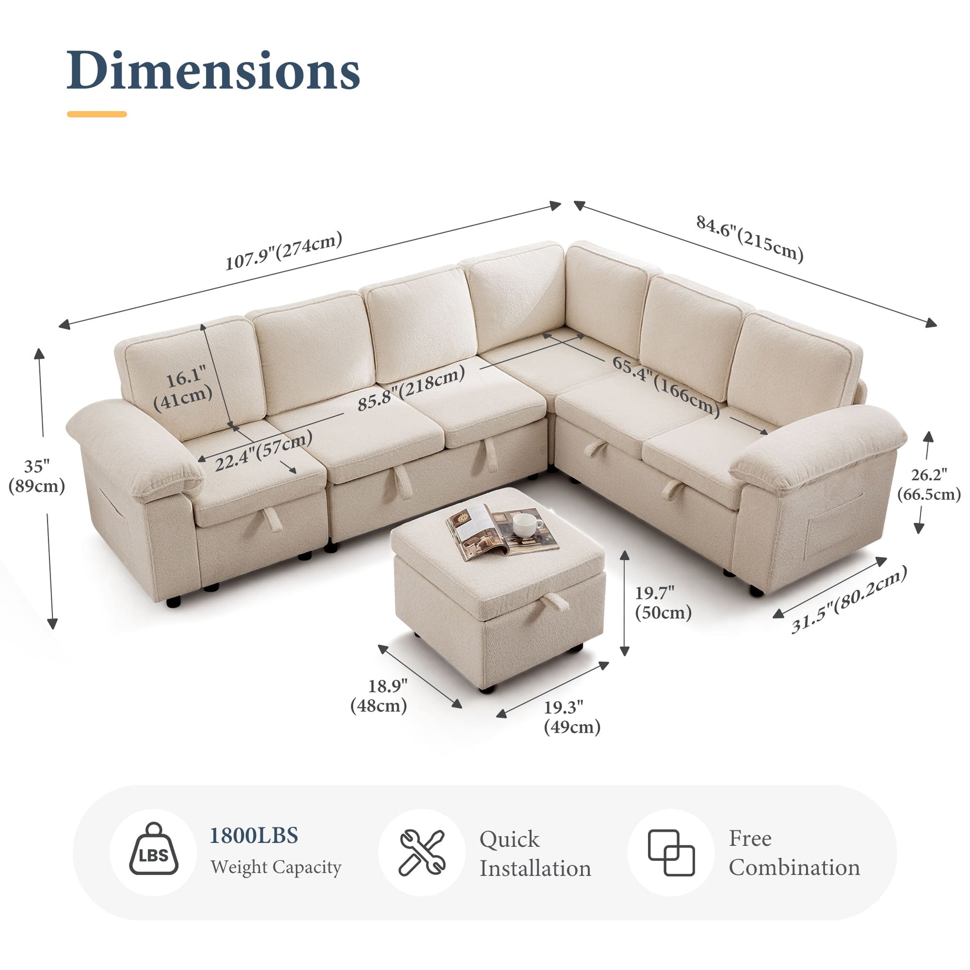 7-Seater Modular Sectional Sofa Couch with Pull-Out Sleeper and Storage