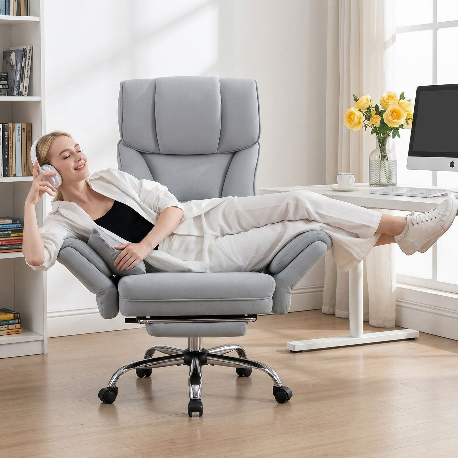 Ergonomic Velvet Office Chair with Wide Cross and Flip-Up Arms