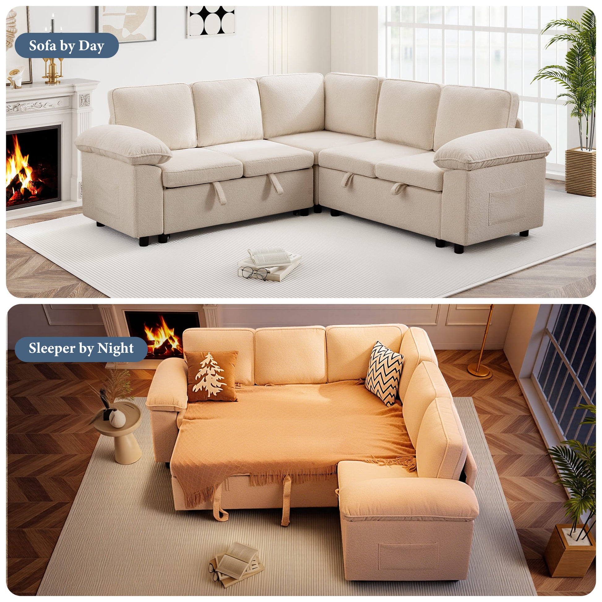 7-Seater Modular Sectional Sofa Couch with Pull-Out Sleeper and Storage