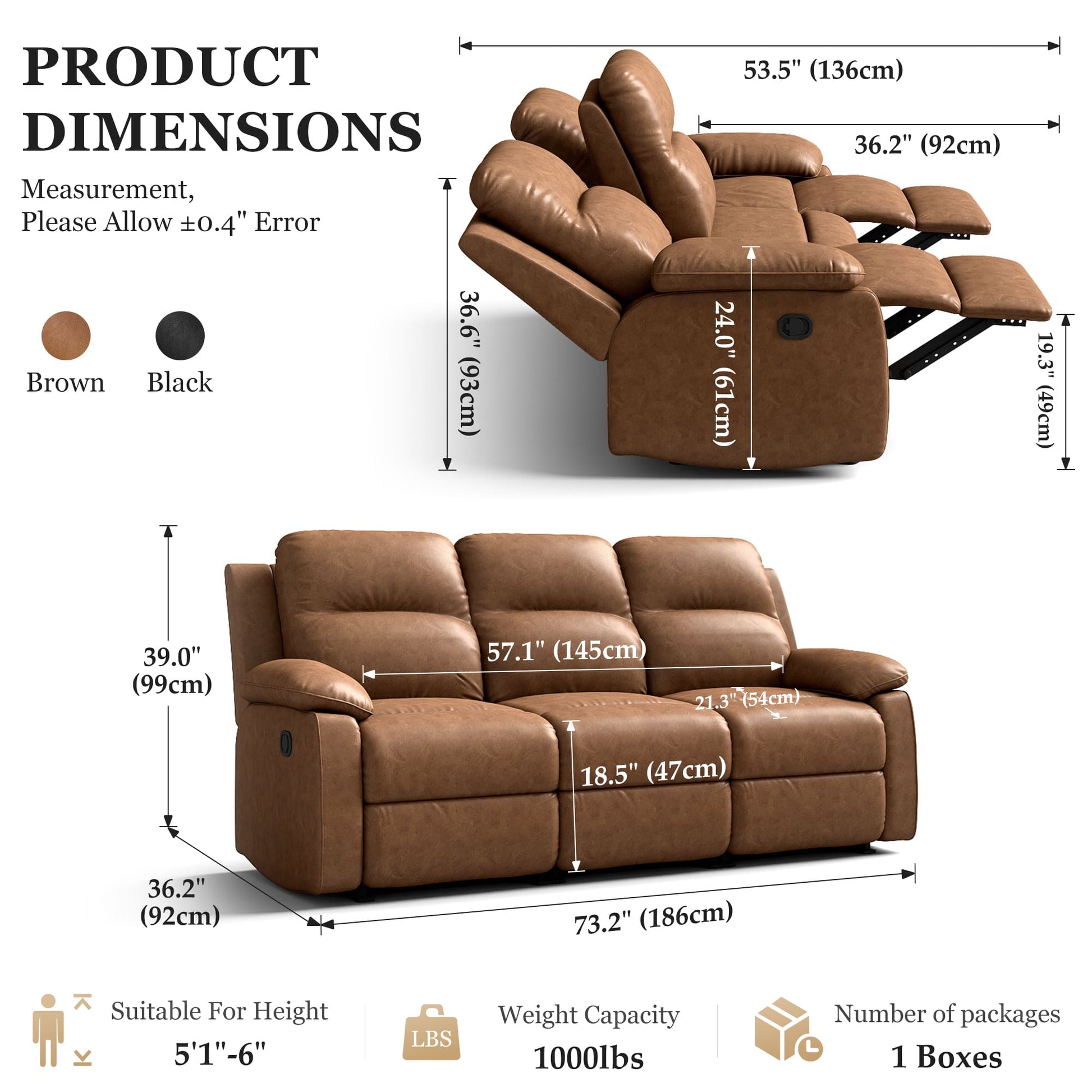 Leather Manual Recliner Sofa with Smooth Recline and Footrest