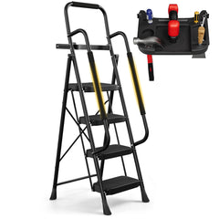 Primy Step Ladder with Handrail and Tool Tray, Folding Step Stool with Wide Anti-Slip Pedal, Lightweight Portable Steel Step Stool for Home, Garden, Painting, Outdoor, and Garage