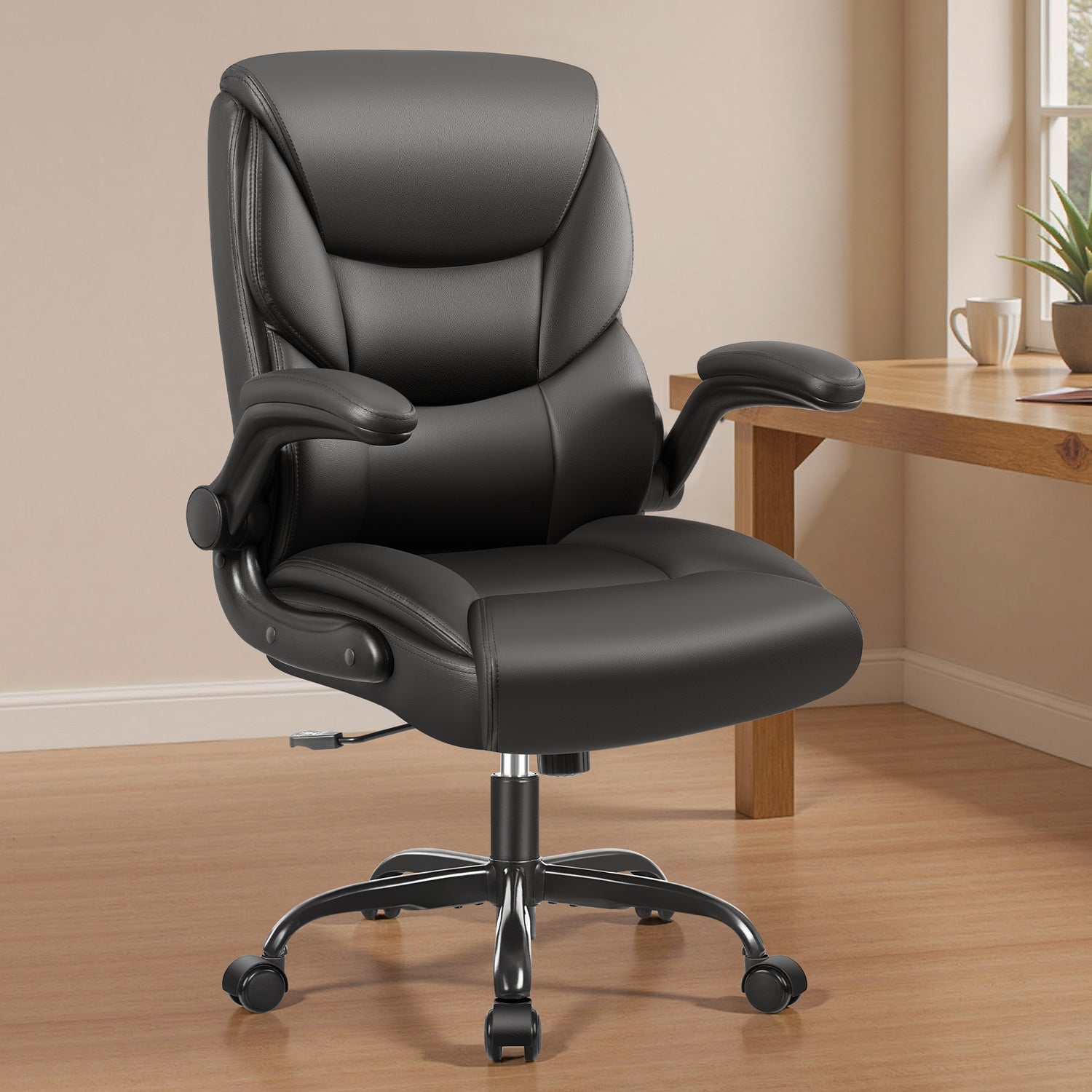 Primy Compact PU Leather Office Chair - Ergonomic Adjustable Height Computer Desk Chair with Flip-Up Armrests, Mid-Back Executive Swivel Chair on Wheels for Small Spaces & Petite Users