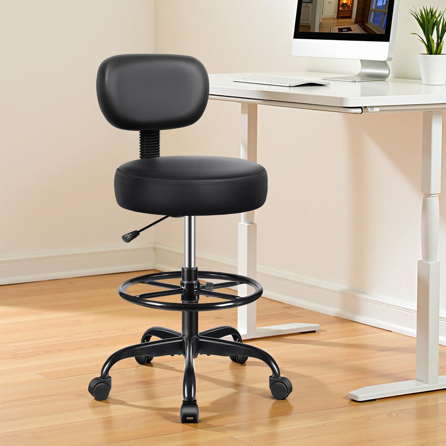 Primy Drafting Chair with Backrest - Adjustable Rolling Stool | Armless Office & Bar Height Chair | PU Leather with Thick Cushion | for Home, Office, Salon, Kitchen, Shop