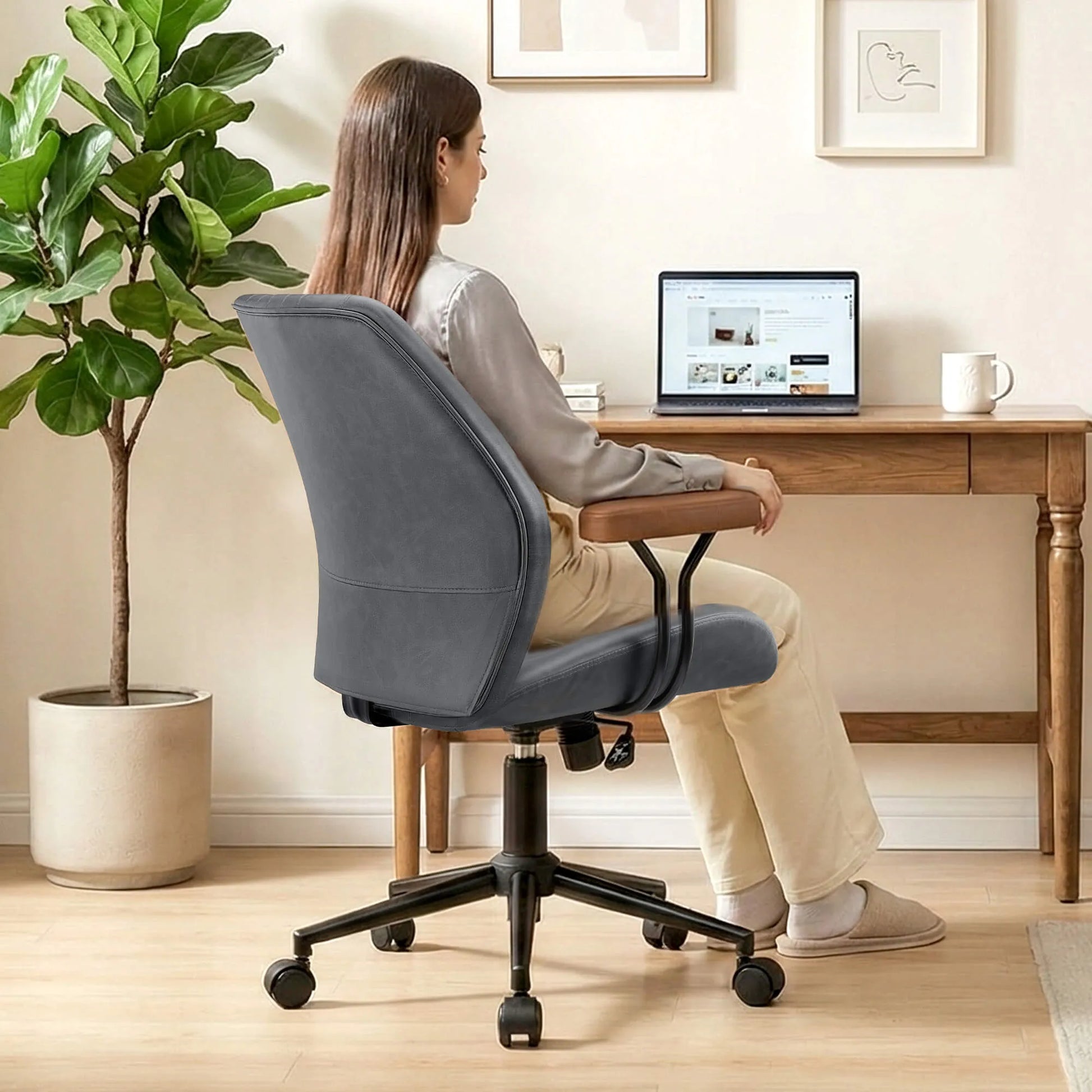 High Back Suede Office Chair Adjustable Home Desk Chair with Lumbar Support