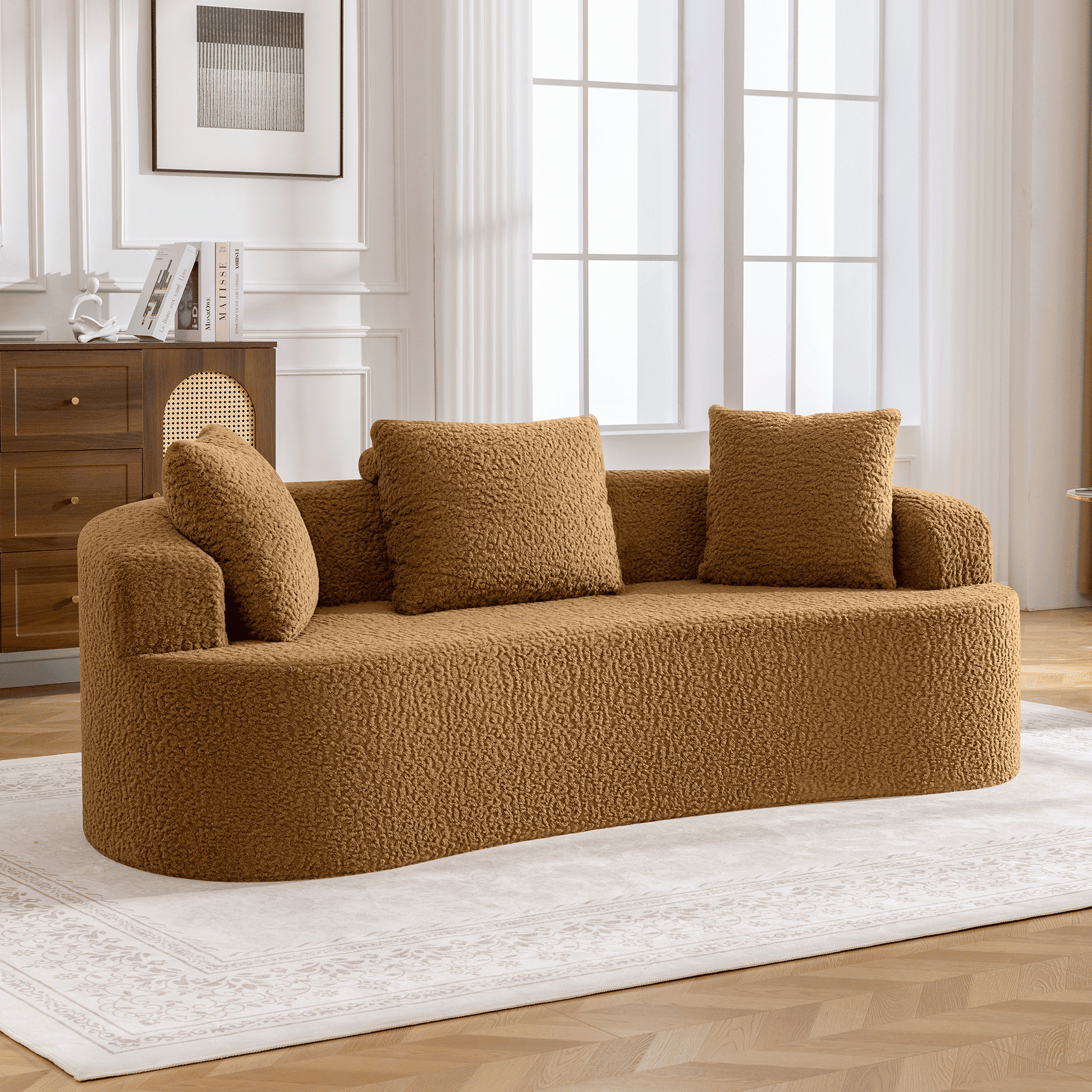 3-Seater Plush Floor Sofa with Cushions & Curved Back