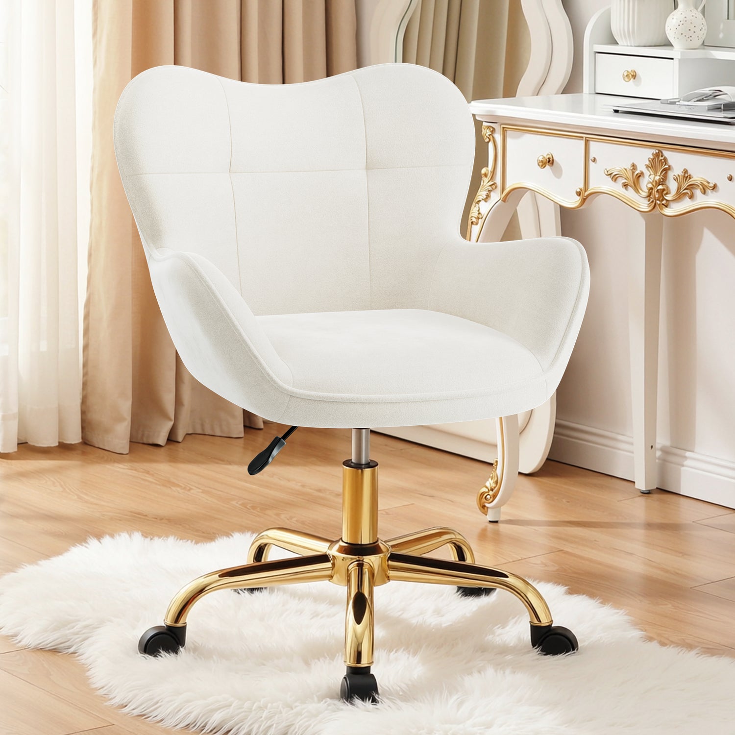 Primy Vanity Chair with Wheels, Home Office Chair Cute Makeup Desk Chairs Adjustable Height for Bedroom, Modern Accent Chair with Back
