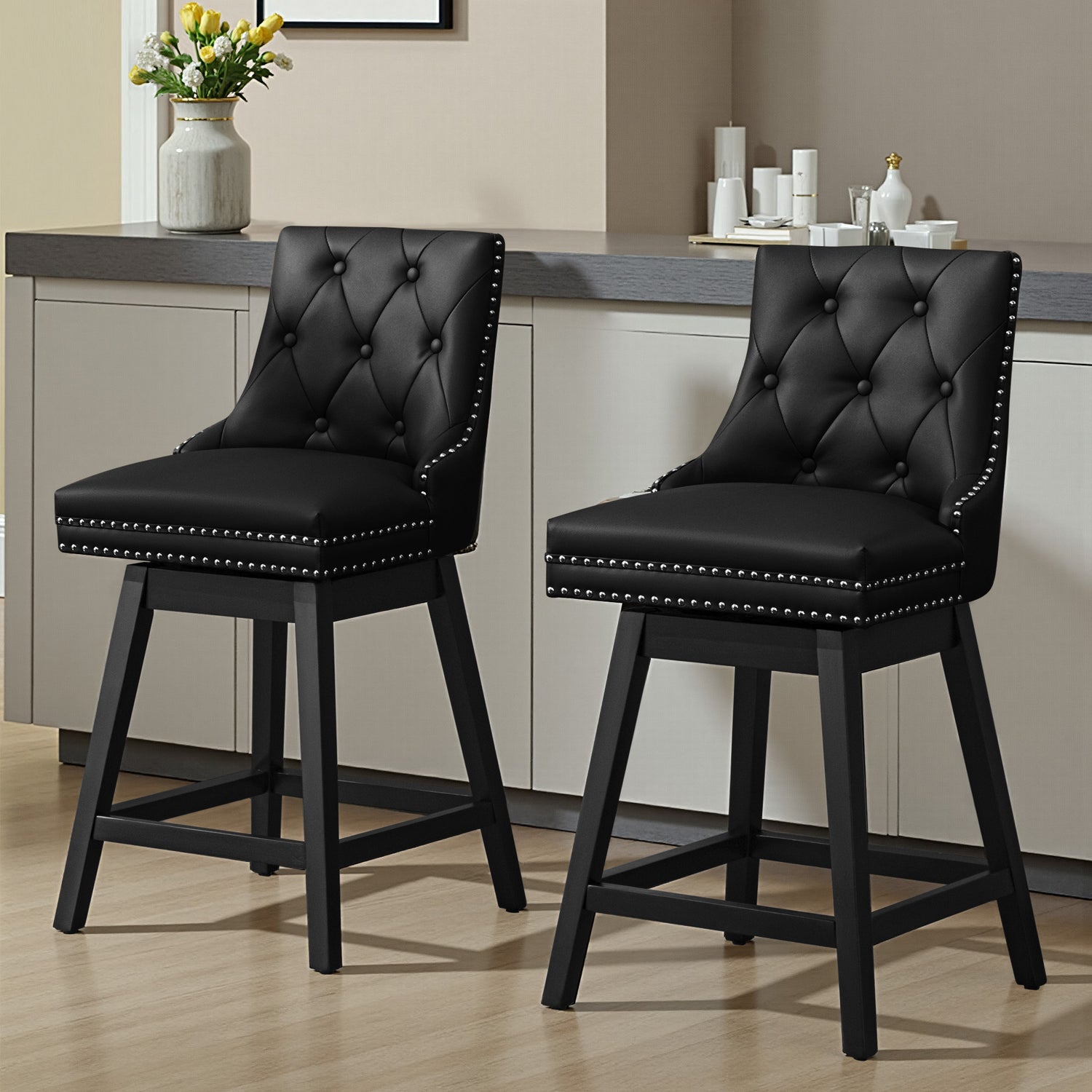 30" PU Leather Bar Stools With Button Tufting And Wood Legs, 360° Rotating Stool with Thick Cushion (Set of 2)