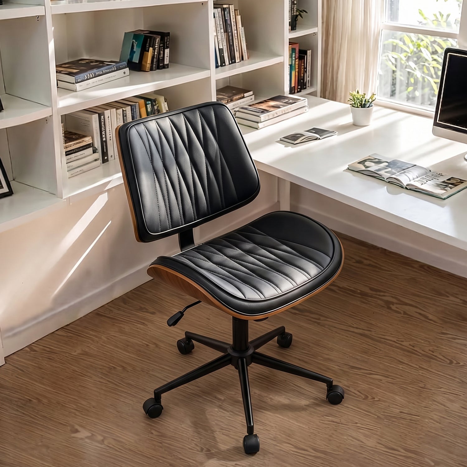 Primy Armless Office Desk Chair, Mid-Century Modern Faux Leather Task Office Chair with Bentwood-Inspired Detailing, Adjustable Height Swivel Rolling Task Computer Chair with Walnut Accent for Home