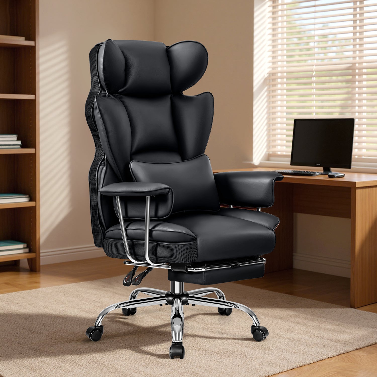 Primy High Back Office Chair, Big and Tall PU Leather Executive Chair with Footrest – Ergonomic Reclining Computer Desk Chair, High-Density Foam, Heavy Duty Swivel Rolling Chair