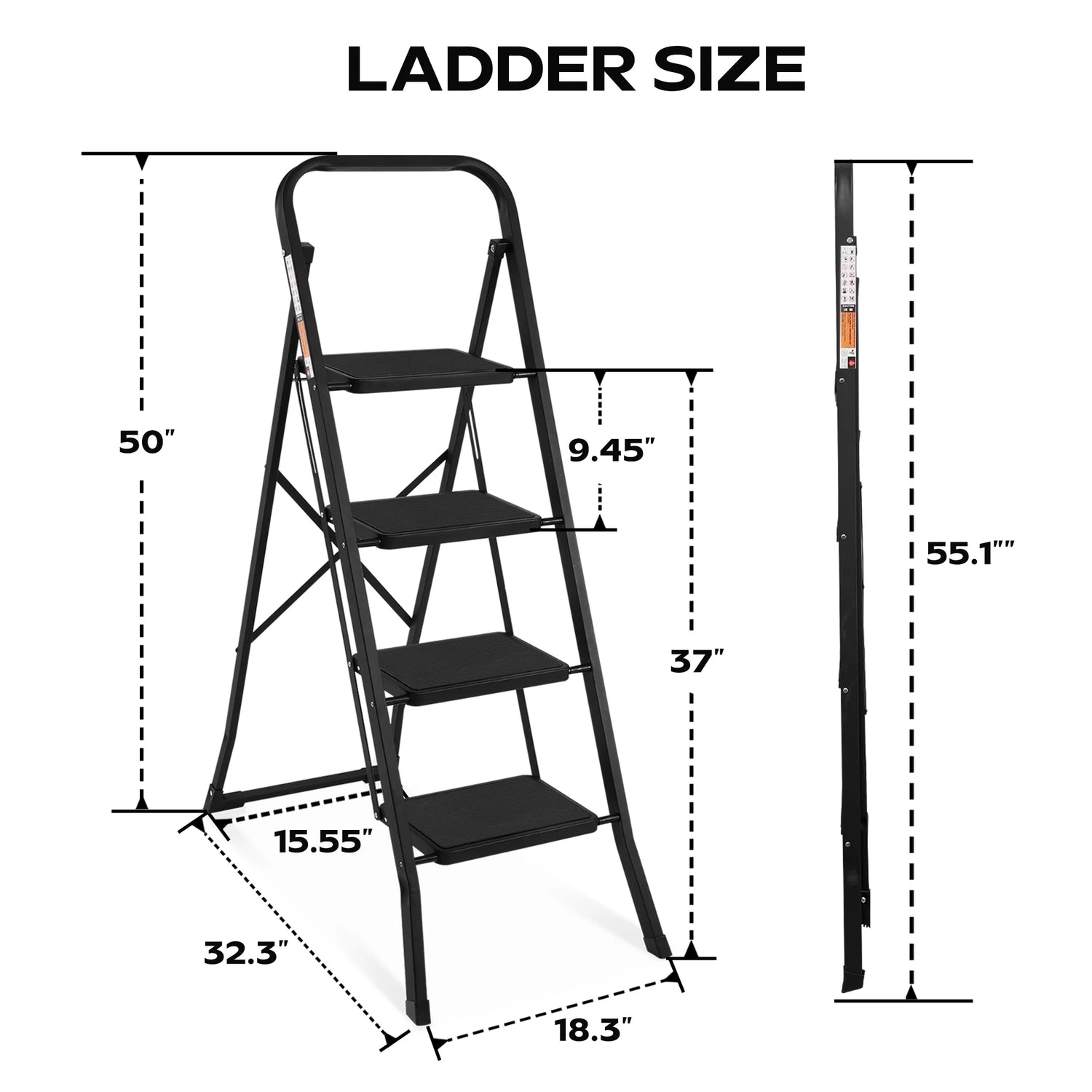 Primy 4 Step Ladder, Folding Step Stool with Extra Wide Anti-Slip Pedal and Top Handrail, 350lbs Lightweight Portable Sturdy Steel Ladders for Household Kitchen Office Outdoor