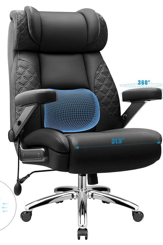 Big and Tall Leather Executive Office Chair with Built-In Airbag Lumbar Support and 360° Adjustable Armrests