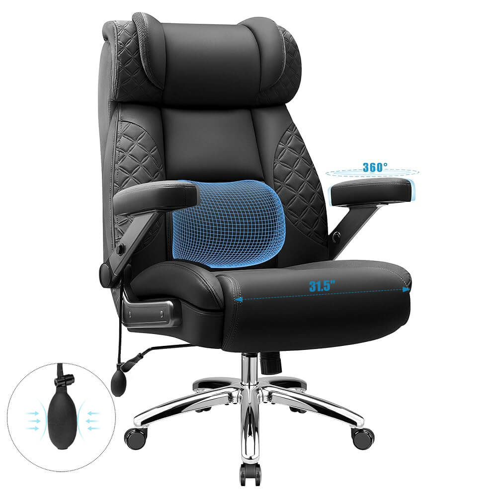 Big and Tall Leather Executive Office Chair with Built-In Airbag Lumbar Support and 360° Adjustable Armrests