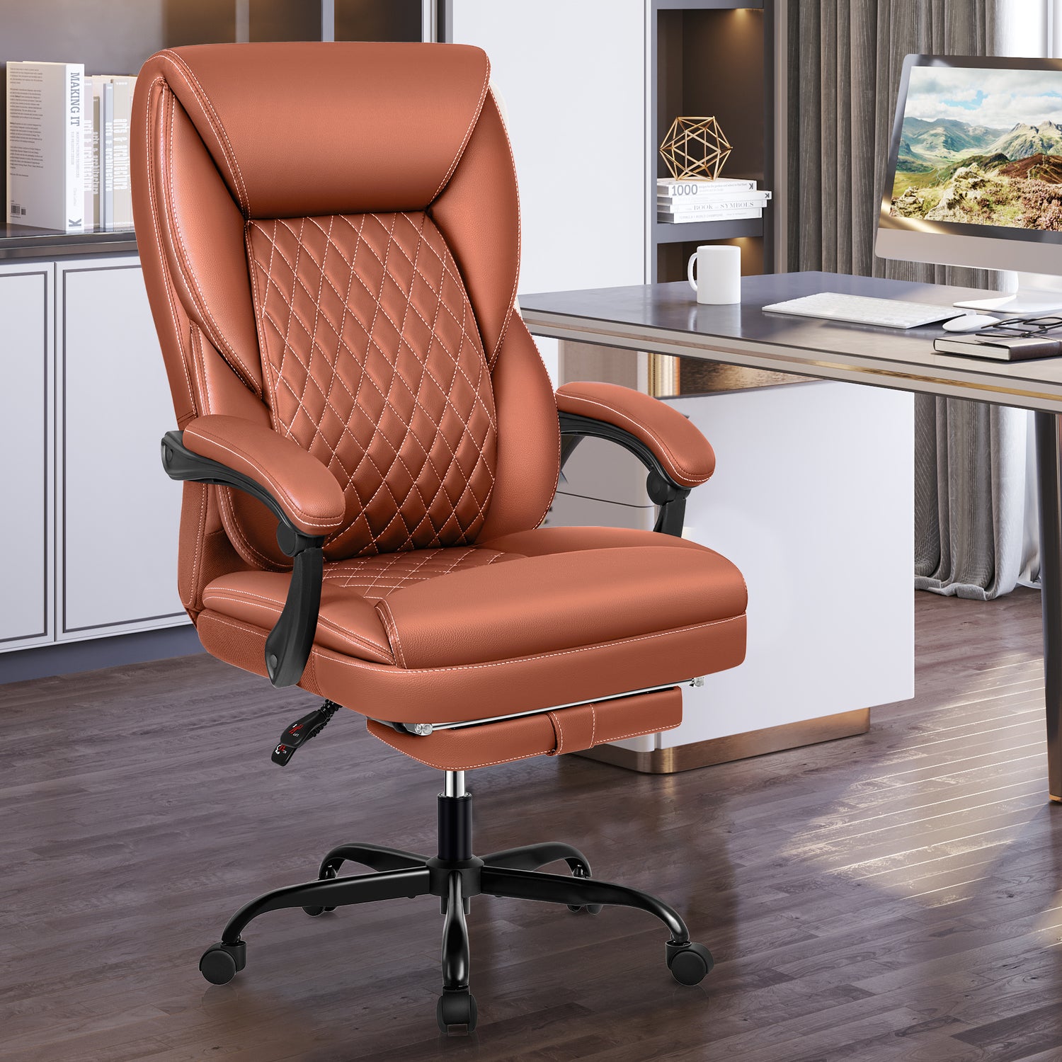 Office Chair with Retractable Footrest, Ergonomic High Back Executive Computer Desk Chair, Big & Tall PU Leather Reclining Chair for Home Office Work