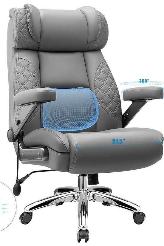 Big and Tall Leather Executive Office Chair with Built-In Airbag Lumbar Support and 360° Adjustable Armrests