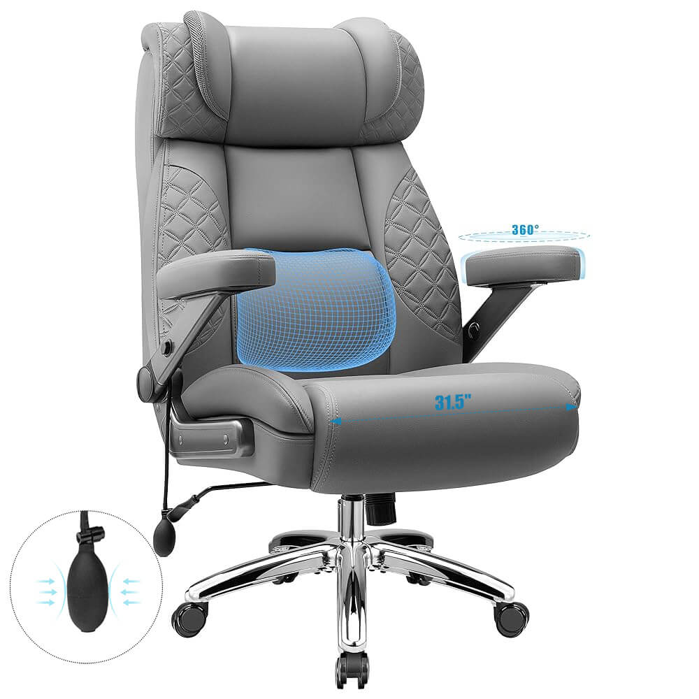 Big and Tall Leather Executive Office Chair with Built-In Airbag Lumbar Support and 360° Adjustable Armrests