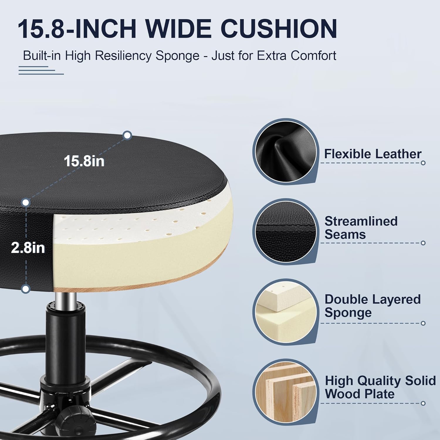 Drafting Chair with Backrest – Adjustable Foot Rest Rolling Stool with Wheels, PU Leather Swivel Stool for Office Spa Studio Lab Counter Salon Home Work Bar Kitchen Shop(Black), Pack of 2