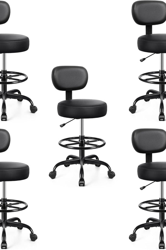 Drafting Chair with Backrest – Adjustable Foot Rest Rolling Stool with Wheels, PU Leather Swivel Stool for Office Spa Studio Lab Counter Salon Home Work Bar Kitchen Shop(Black), Pack of 5