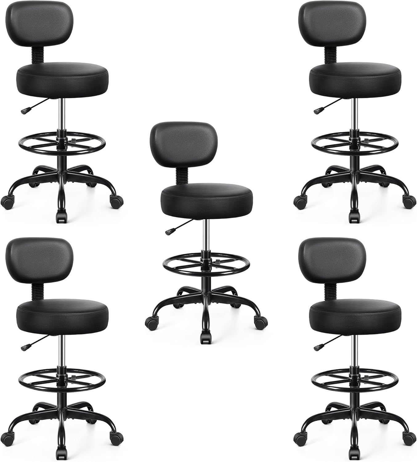 Drafting Chair with Backrest – Adjustable Foot Rest Rolling Stool with Wheels, PU Leather Swivel Stool for Office Spa Studio Lab Counter Salon Home Work Bar Kitchen Shop(Black), Pack of 5