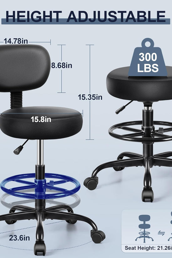 Drafting Chair with Backrest – Adjustable Foot Rest Rolling Stool with Wheels, PU Leather Swivel Stool for Office Spa Studio Lab Counter Salon Home Work Bar Kitchen Shop(Black), Pack of 2
