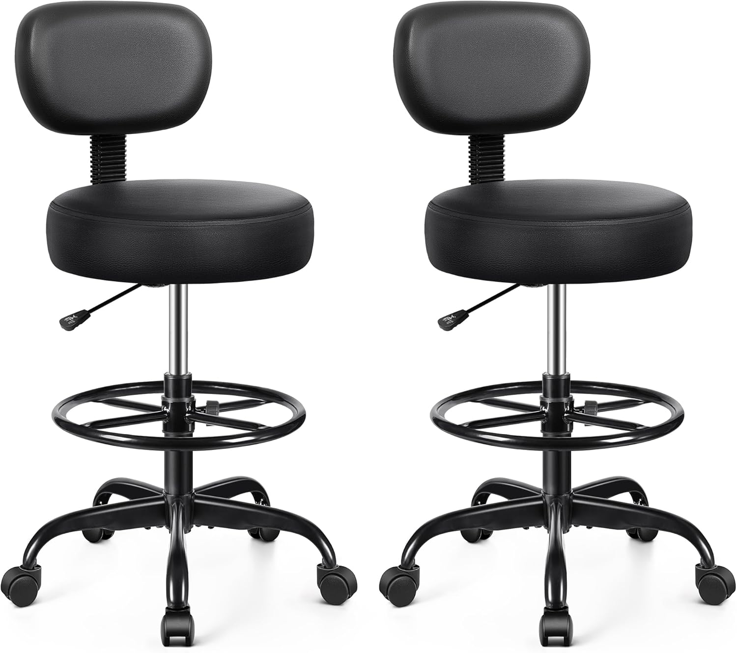 Drafting Chair with Backrest – Adjustable Foot Rest Rolling Stool with Wheels, PU Leather Swivel Stool for Office Spa Studio Lab Counter Salon Home Work Bar Kitchen Shop(Black), Pack of 2