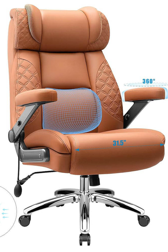 Big and Tall Leather Executive Office Chair with Built-In Airbag Lumbar Support and 360° Adjustable Armrests