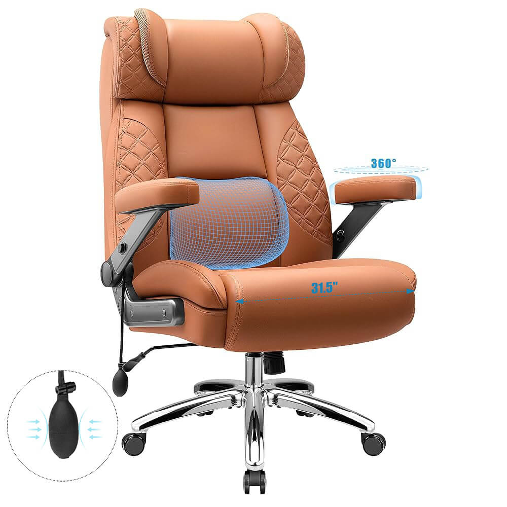 Big and Tall Leather Executive Office Chair with Built-In Airbag Lumbar Support and 360° Adjustable Armrests
