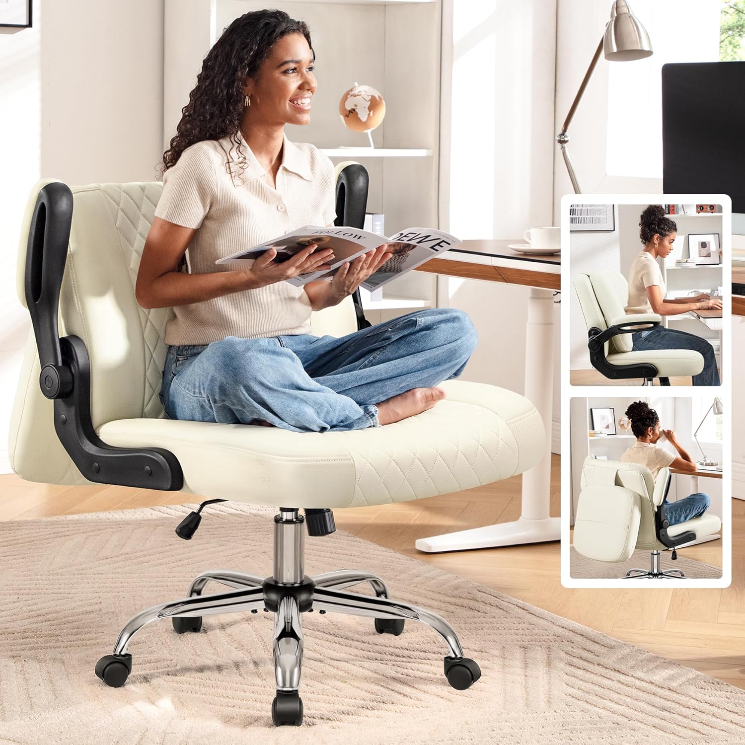 Criss Cross Office Chair with 2-in-1 Flip Backrest – Ergonomic PU Leather Floor Sitting Chair, Adjustable Height, 360° Swivel & Flip-Up Arms, Extra-Wide Seat for Home Office, Vanity, Nail Salon
