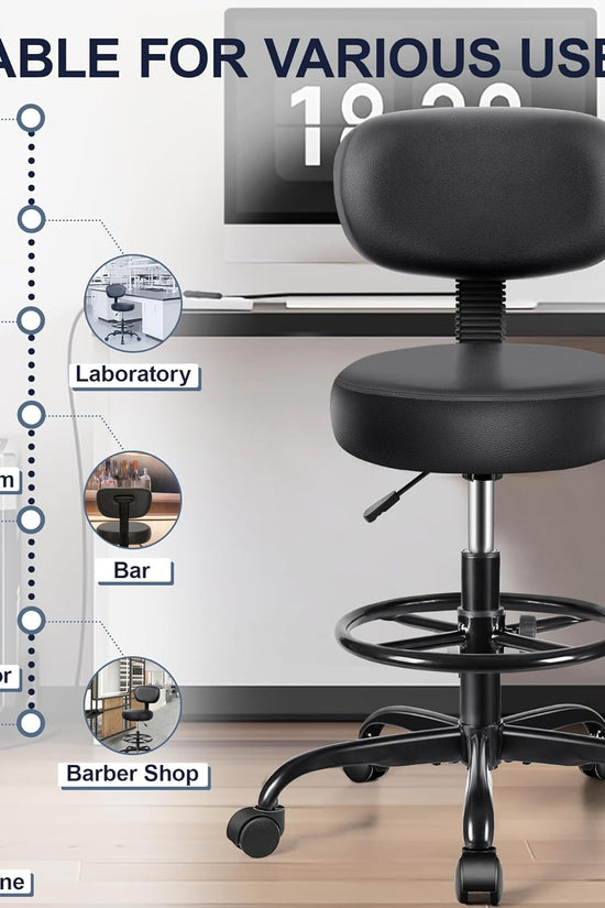 Drafting Chair with Backrest – Adjustable Foot Rest Rolling Stool with Wheels, PU Leather Swivel Stool for Office Spa Studio Lab Counter Salon Home Work Bar Kitchen Shop(Black), Pack of 2