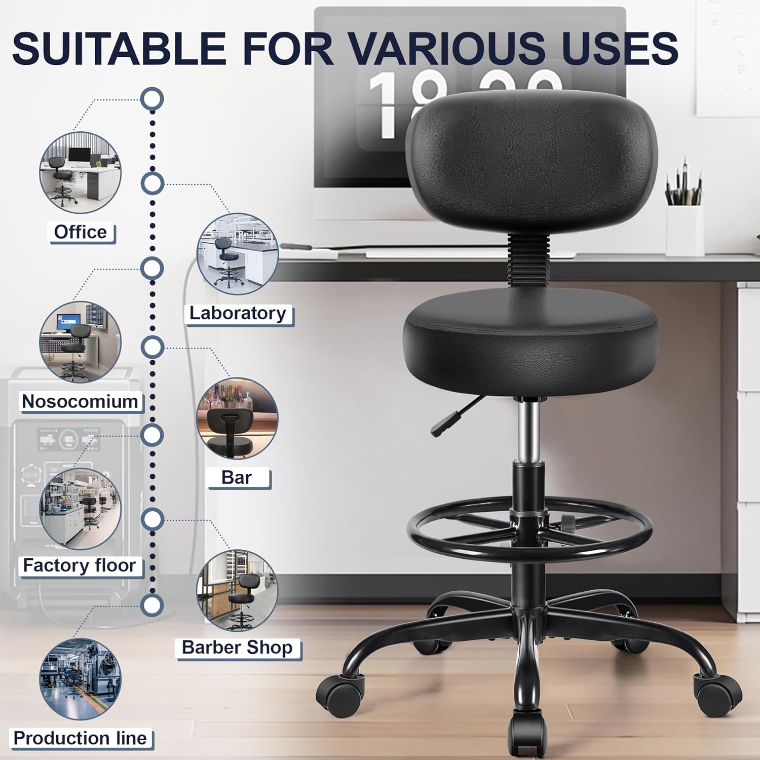 Drafting Chair with Backrest – Adjustable Foot Rest Rolling Stool with Wheels, PU Leather Swivel Stool for Office Spa Studio Lab Counter Salon Home Work Bar Kitchen Shop(Black), Pack of 2