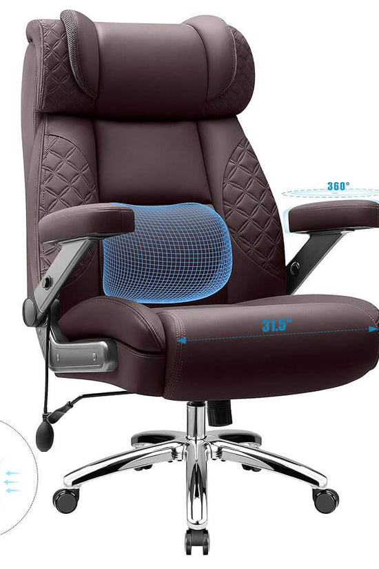 Big and Tall Leather Executive Office Chair with Built-In Airbag Lumbar Support and 360° Adjustable Armrests