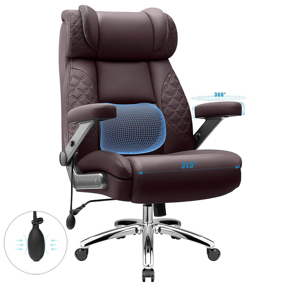 Big and Tall Leather Executive Office Chair with Built-In Airbag Lumbar Support and 360° Adjustable Armrests