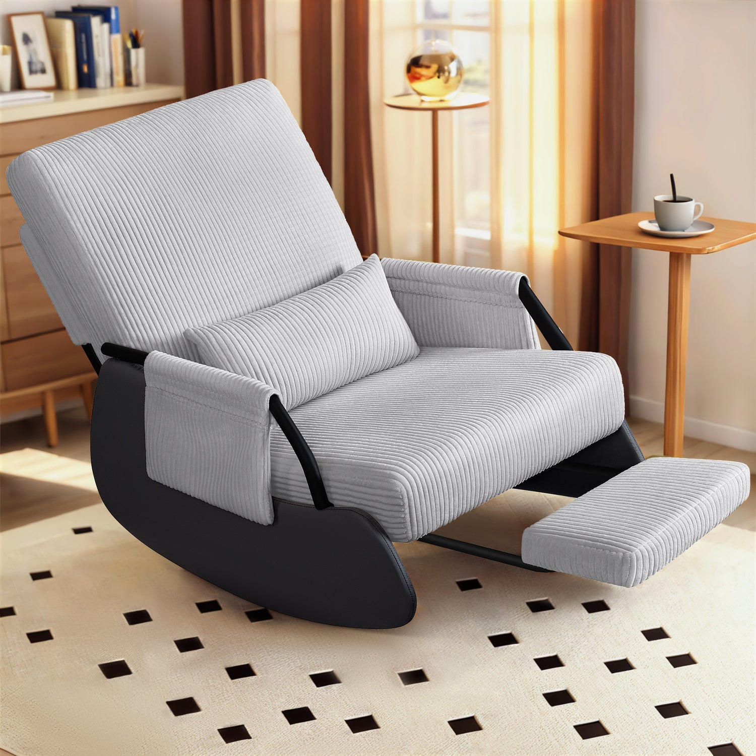 Primy Nursery Rocking Chair, Low-Seat Glider Chair, Upholstered Rocking Accent Chair Recliner with Side Pocket and Foot Rest for Mom Nursery Living Room Bedroom