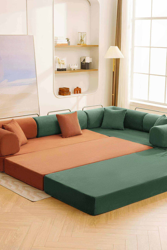 Primyhome large modular corduroy floor bed in Forest Green and Pumpkin Brown mix, convertible sectional sleeper