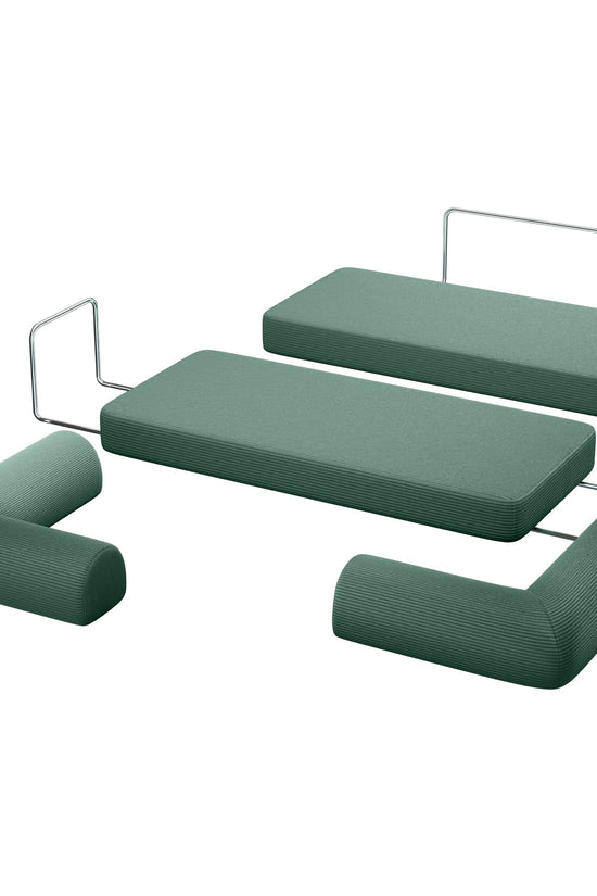 Primyhome Forest Green modular sofa components, showing corduroy cushions and metal frames for easy assembly.
