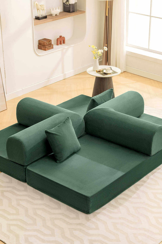 Primyhome Green foldable sofa bed - unfolded as a modular floor bed, mid-size corduroy sleeper for living room