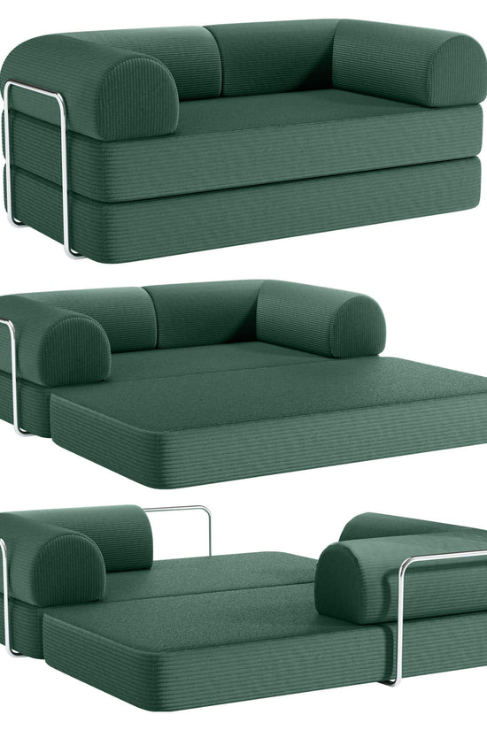 Primyhome 3-in-1 convertible foldable sofa bed, Green mid-size sofa to floor mattress conversion