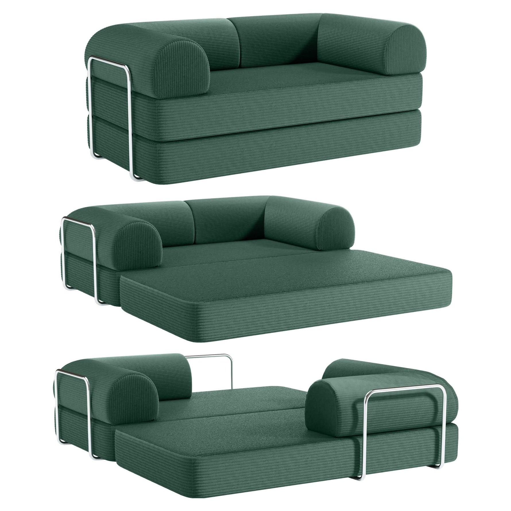 Primyhome 3-in-1 convertible foldable sofa bed, Green mid-size sofa to floor mattress conversion