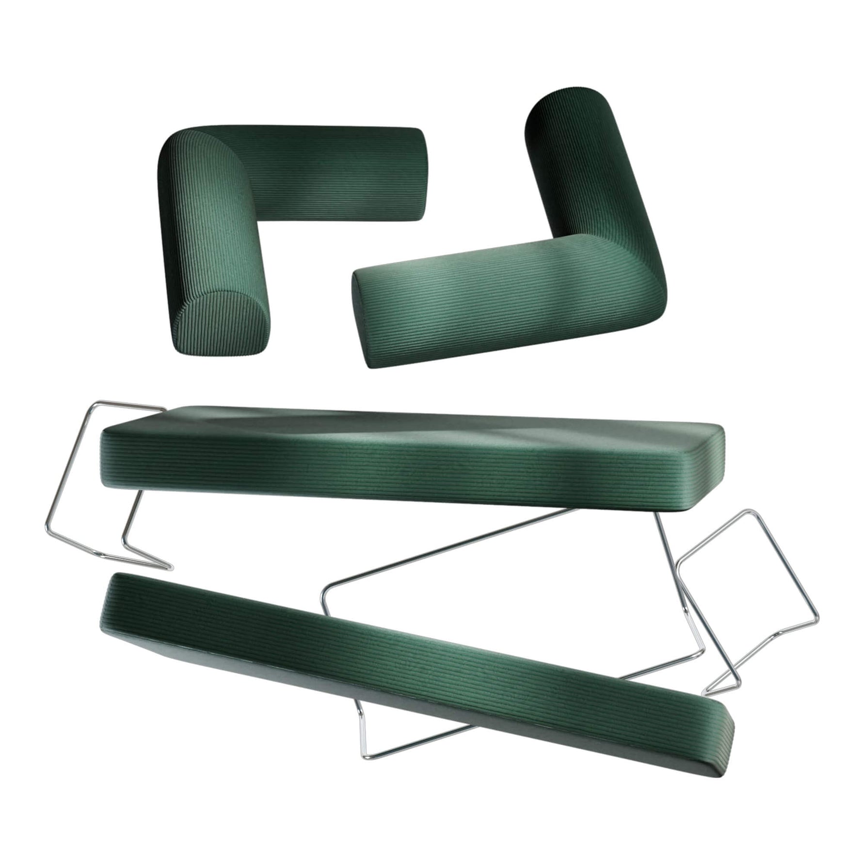 Primyhome Green convertible sofa components, showing corduroy cushions and metal frames for easy assembly.