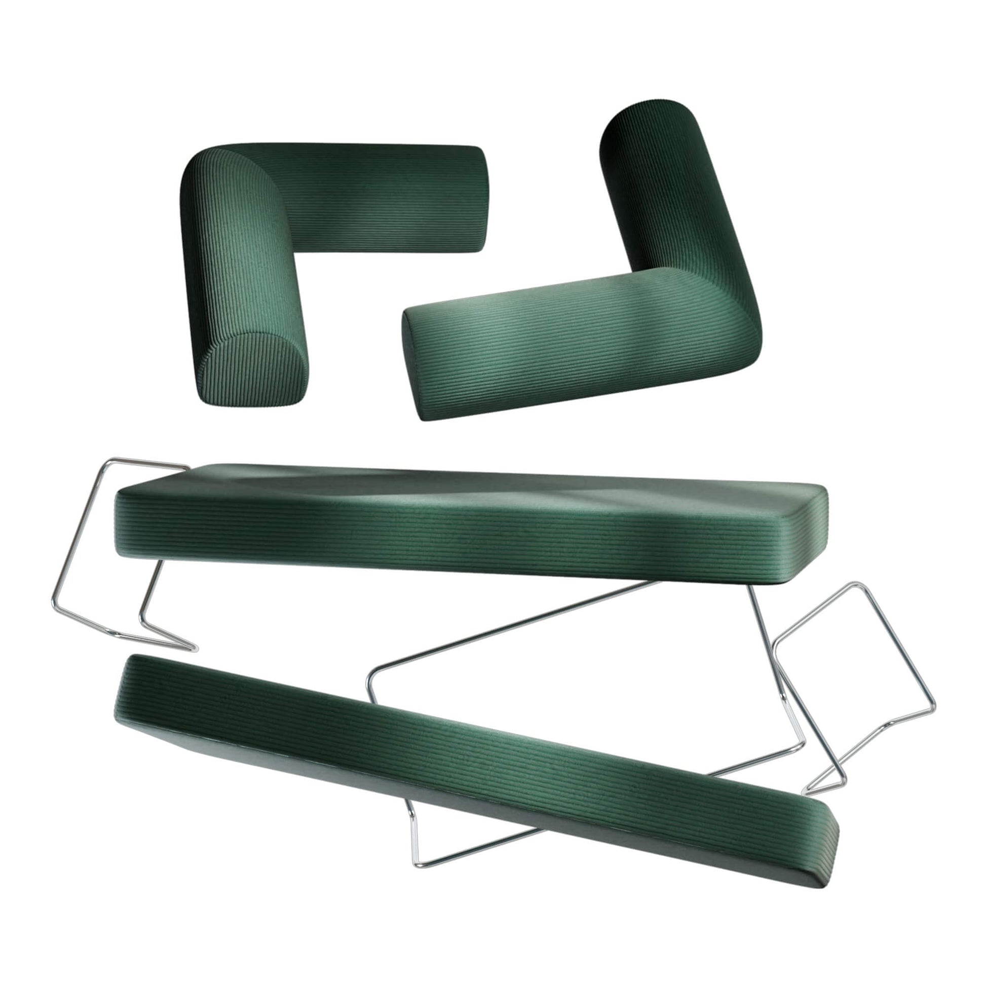 Primyhome Green convertible sofa components, showing corduroy cushions and metal frames for easy assembly.